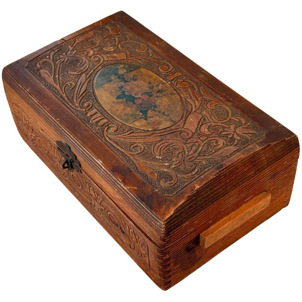 Vintage Hand Carved Wooden Trinket Box Treasure Chest Floral Lid Inset Mirror